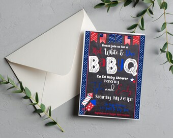 Editable Patriotic Baby Shower BBQ Digital Invitation, Baby Shower BBQ , Red, White, and Due Baby Q , Instant Download, Canva Template