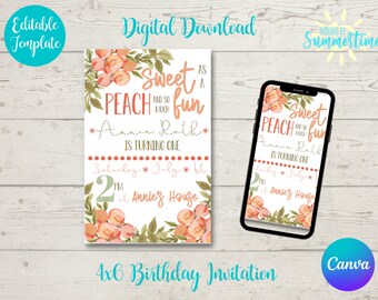 Editable Peach 1st Birthday Invitation , Peach Birthday Theme Party, Sweet As A Peach, Digital Birthday Instant Download,