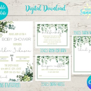 Greenery Baby Shower Invitation Bundle, Greenery Shower Theme Bundle, Bundle, Baby Shower Bundle , Editable Invitation ,Canva Template