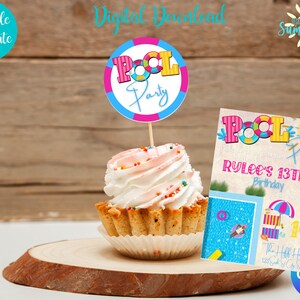 Editable Pool Party Birthday Bundle Invitation and Cupcake Toppers, Pool Party Birthday Theme Party, Digital Birthday Instant Download,