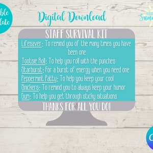 Editable Staff Survival Kit Tag , Staff Appreciation , Printable, Candy Survival Kit, Gift Tag, Employee Thank You| Canva Template
