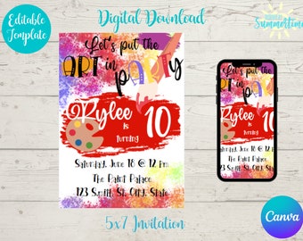 Editable Paint Party Digital Birthday Invitation, Paint Party Theme, Painting Art Party, Instant Download, Canva Template