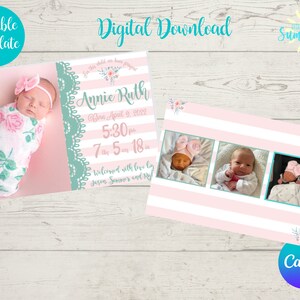 Newborn Baby Birth Announcement Template, Printable Photo Birth Card, Birth Stats Card, Photo Announcement, Instant Download ,Canva Template