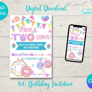 Editable Donut Candy Birthday Invitation, Donut Candy Birthday Theme Party, Two Sweet Birthday Party, Digital Birthday Instant Download,