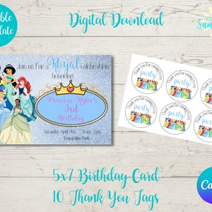 Editable Princess Birthday Bundle with Thank you Tags and Invitation, Princess Birthday Theme Party,  Digital Birthday Instant Download,