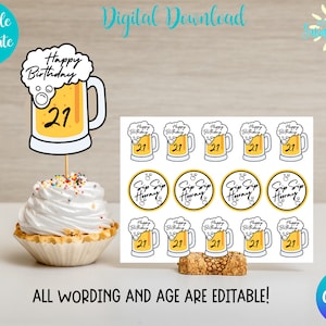 Editable Sip Sip Hooray Cupcake Topper, Cupcake Toppers, 21st Birthday Party, 21st Birthday, 21st Party, Instant Download| Canva