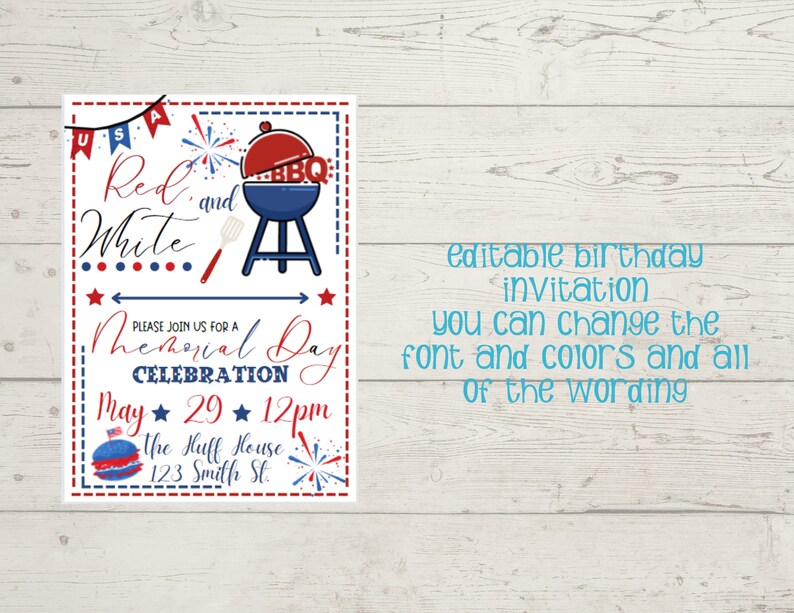 Editable Memorial Day BBQ Digital Birthday Invitation, Memorial Day ...