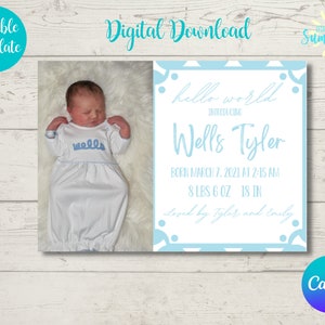 Newborn Baby Birth Announcement Template, Printable Photo Birth Card, Birth Stats Card, Photo Announcement, Instant Download ,Canva Template