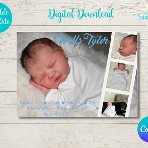 Newborn Baby Birth Announcement Template, Printable Photo Birth Card, Birth Stats Card, Photo Announcement, Instant Download ,Canva Template