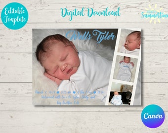May include: A digital download announcement for a newborn baby named Wells Tyler. The announcement includes a photo of the baby sleeping, a photo of the baby wearing a white onesie with the name "Wells" embroidered on it, and a photo of the baby with a dog. The announcement also includes the baby's birth date and time, weight, and the name of the baby's big brother, Cole.