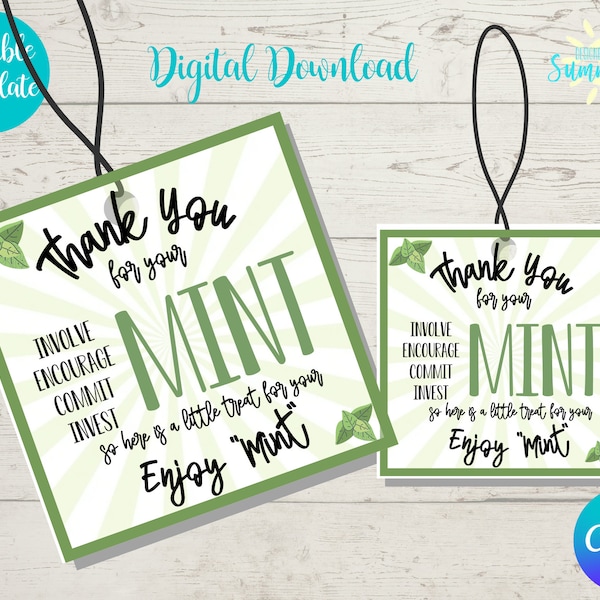 Editable Thank You Mint Candy Tag , Staff Appreciation , Printable, Staff Candy Gift, Gift Tag, Staff Gift| Treat Tag | Canva Template