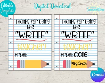 Editable The Write Teacher Tag , Teacher Appreciation , End of Year Gift Tags for Teacher, Teacher Appreciation Tag ,Canva Template