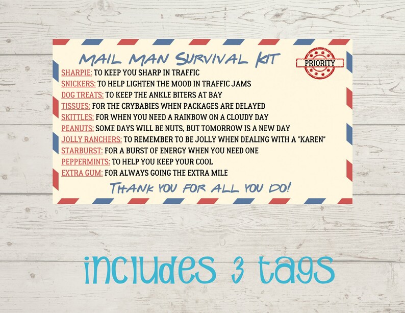 Editable Mail Man Survival Kit Tag , Delivery Person Gift , Candy ...