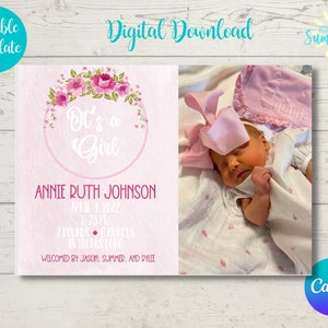 Newborn Baby Girl Announcement Template, Printable Photo Birth Card, Birth Stats Card, Photo Announcement, Instant Download ,Canva Template