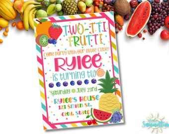 May include: A colorful invitation for a two-year-old's birthday party with a fruit theme. The invitation says "Two-tti Frutti" and "Come party with our little cutie! Rylee is turning two." The invitation also includes the date, time, and location of the party.