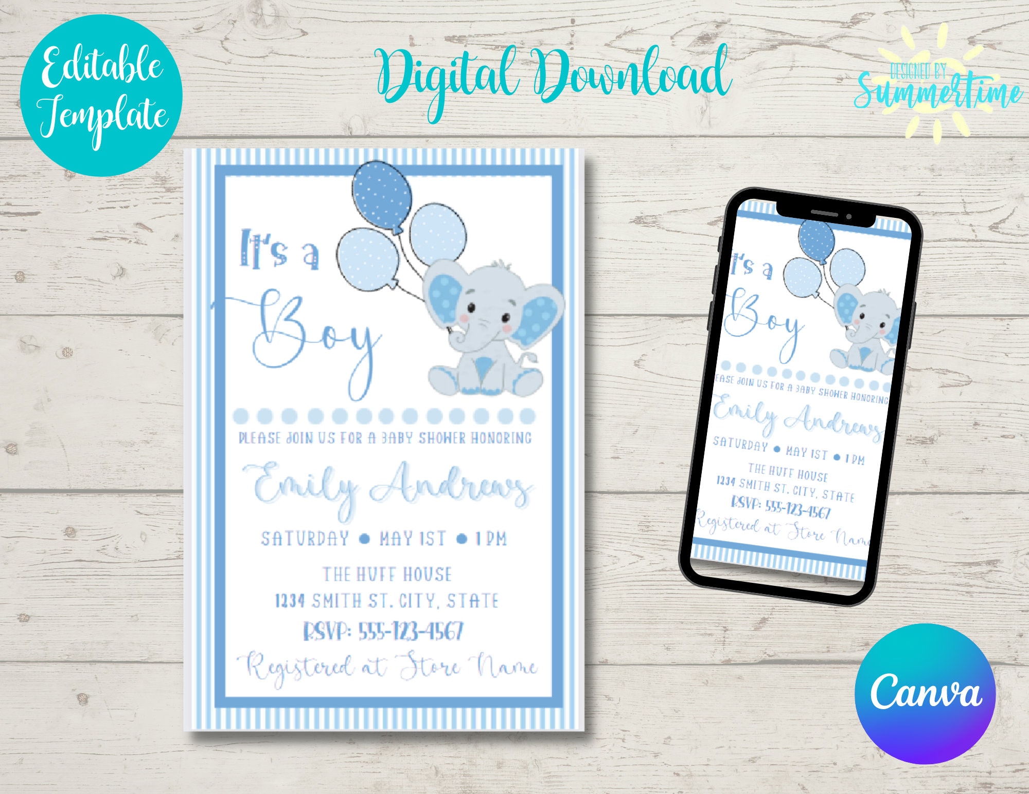 Boy Elephant Baby Shower Invitation Elephant Shower Theme Boy Shower Theme Its a Boy Baby Shower Editable Invitation Canva