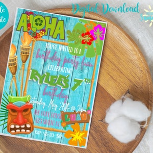 Editable Hawaiian Birthday Invitations, Hawaiian Luau Invitation, Digital Birthday Invite, Tropical Birthday Theme, Digital Invitation