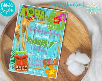 Editable Hawaiian Birthday Invitations, Hawaiian Luau Invitation, Digital Birthday Invite, Tropical Birthday Theme, Digital Invitation