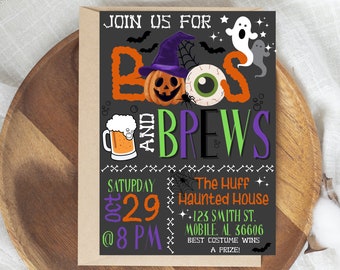 May include: A black and white chalkboard style invitation for a Halloween party. The invitation says "Join us for Boo's and Brews" with a pumpkin, eye, ghost, and beer mug graphic. The party is on Saturday, October 29th at 8pm at The Huff Haunted House, 123 Smith St., Mobile, AL 36606. The invitation says "Best costume wins a prize!"