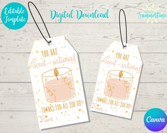 May include: Two white gift tags with a gold candle illustration and the text "You are Scentsational" and "Thanks for all you do!"  The tags are decorated with gold glitter.