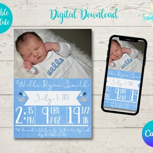 Newborn Baby Birth Announcement Template, Printable Photo Birth Card, Birth Stats Card, Photo Announcement, Instant Download ,Canva Template