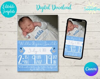 May include: A blue and white baby announcement card with a photo of a newborn baby boy. The card includes the baby's name, birth date, time, weight, and length. The card is decorated with a whale graphic.