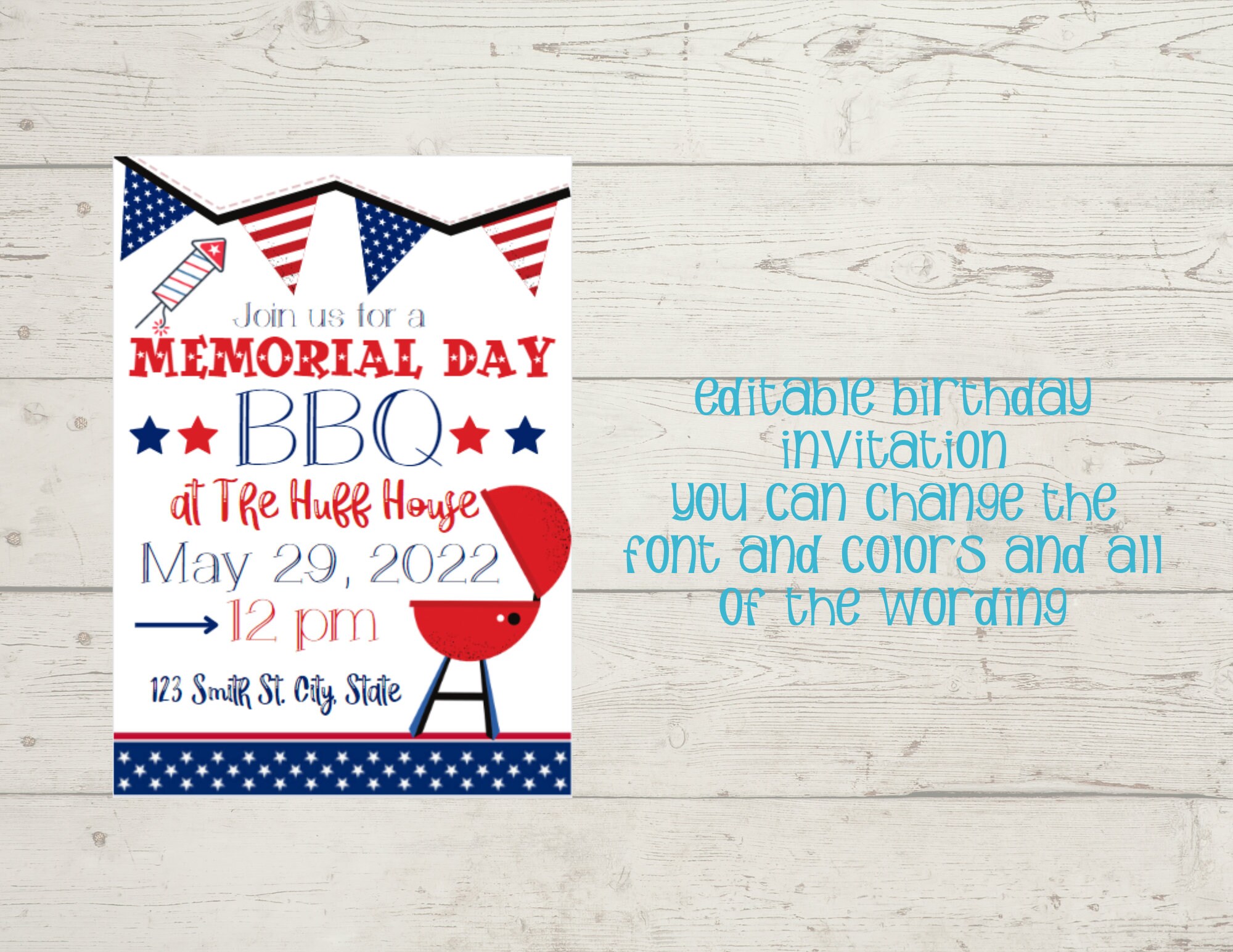 Editable Memorial Day BBQ Digital Birthday Invitation, Memorial Day ...