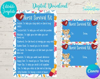 May include: A printable nurse survival kit gift tag with a blue background and a cartoon teddy bear wearing a doctor's coat. The tag has the text "Nurse Survival Kit" and spaces for the recipient's name and the giver's name.