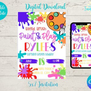 Convite de aniversário digital editável para festa de pintura, tema de festa de pintura, festa de arte de pintura, download instantâneo, modelo Canva