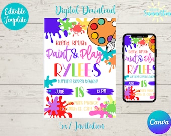 Editable Paint Party Digital Birthday Invitation, Paint Party Theme, Painting Art Party, Instant Download, Canva Template
