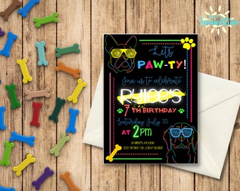 May include: Neon pink, yellow, and blue birthday party invitation with a black background. The invitation says "Let's Paw-ty!" and "Join us to celebrate Rylee's 7th Birthday" with paw prints. The invitation also includes a black and white illustration of a dog wearing sunglasses.