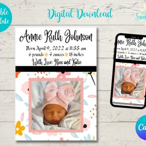 Newborn Baby Girl Announcement Template, Printable Photo Birth Card, Birth Stats Card, Photo Announcement, Instant Download ,Canva Template