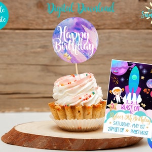 Editable Space Birthday Bundle Invitation and Cupcake Toppers, Space Birthday Theme Party, Digital Birthday Instant Download, Blast Off