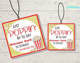 Editable Popcorn Gift Tag , Just Poppinʻ By , Back to School Staff Appreciation, Gift Tag for Teachers, Staff, Coworkers, Digital Gift Tag,