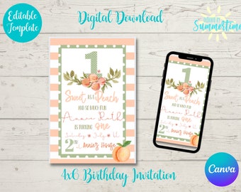 Editable Peach 1st Birthday Invitation , Peach Birthday Theme Party, Sweet As A Peach, Digital Birthday Instant Download,