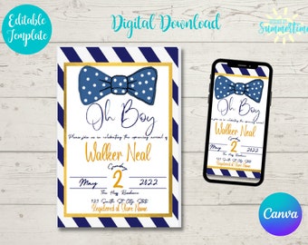 Navy and White Baby Shower Invitation, Oh Boy Shower Theme, Boy Baby Shower, Baby Shower, Editable Invitation ,Canva Template