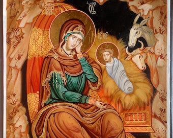 Nativity of Jesus Christ, Hand painted orthodox icon, Byzantine orthodox icon, Orthodox art, Made to order