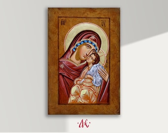 The Holy Mother of God, Virgin Mary with child, Hand Painted Orthodox Icon,  Byzantine art, Orthodox art, Made to order