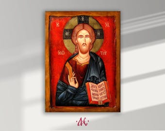 Jezus Christus Pantocrator, handgeschilderd orthodox icoon, Byzantijns-orthodox icoon, orthodox kunstwerk, op bestelling gemaakt