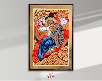 Natividad de Jesucristo, icono ortodoxo pintado a mano, icono ortodoxo bizantino, arte ortodoxo, hecho por encargo.