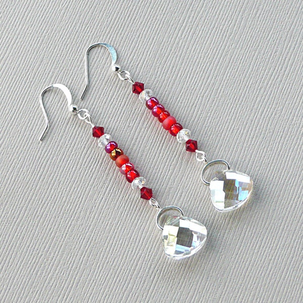 Teardrop Crystal and Red Beaded Earrings, Red Holiday Crystal Earrings, Clear Crystal and Red Beaded Jewelry