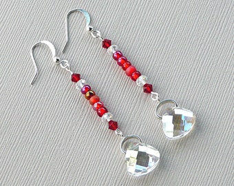Teardrop Crystal and Red Beaded Earrings, Red Holiday Crystal Earrings, Clear Crystal and Red Beaded Jewelry