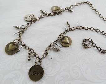 Bronze Heart Pyrite and Crystal Necklace, Bronze Heart Necklace, Pyrite and Crystal Charm Necklace