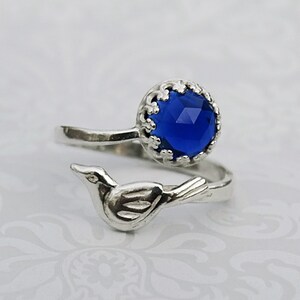 Bird Solitaire Ring, Bird Lover Nature Ring, Sterling Silver Blue Cabochon Bird Ring