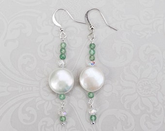 White Pearl and Green Aventurine Earrings, Pearl Bridal Earrings, White and Green Gemstone Earrings