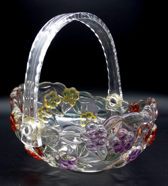 Colorful Floral German Walther Glass Basket, Vintage Carmen Rose