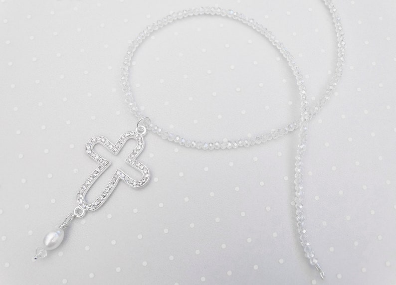 Crystal Cross White Pearl Pendant Necklace Bridal Necklace Cross