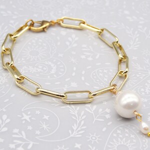 White Pearl Gold Plated Paperclip Link Charm Bracelet, Gold Paperclip & Pearl Statement Bracelet, Gemstone Paperclip Jewelry