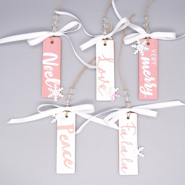 Peace | Noel | Love | Very Merry | Fa La La Pink & White Christmas Ornament Set, Wooden Holiday Ornament Set, Shabby Chic Christmas Decor