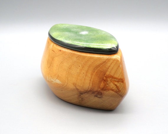 Hand Carved Wooden Box with Green Enamel Lid, Vin… - image 4